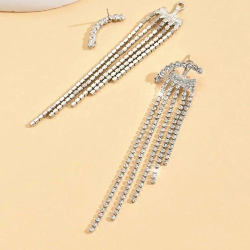 Silver Rhinestone Elegant Tassel Drop Earrings For Wedding Party Gift Women
